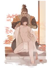 2boys androgynous assisted_exposure bath bathtub black_hair blush bob_cut brown_eyes femboy fromsoftware fundoshi girly japanese_clothes kimono kuro_the_divine_heir loincloth male male_only open_clothes open_kimono partially_submerged prosthetic prosthetic_arm sekiro sekiro:_shadows_die_twice steam undressing undressing_another vetania