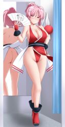 ass backless_outfit fan fatal_fury king_of_fighters legs looking_at_viewer mai_shiranui_(cosplay) mirror nori_tamago pink_hair revealing_clothes touhou yuyuko_saigyouji