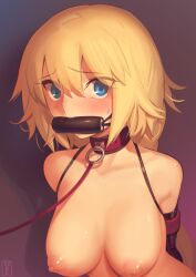 absurdres bangs bare_shoulders bit_gag black_gloves blonde_hair blue_eyes blush bondage breasts cad_(caddo) collar commentary_request elbow_gloves eyebrows_visible_through_hair fate/apocrypha fate_(series) female gag gagged gloves hair_between_eyes highres jeanne_d'arc_(fate) kaddo large_breasts leash long_hair looking_at_viewer nipples nude red_collar slave solo upper_body