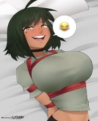 1girls bondage choker crop_top dark_green_hair emoji female female_only flytrapxx fully_clothed large_breasts laugh laughing liz_(flytrapxx) mole_under_eye open_mouth original original_character rope rope_bondage solo tongue yellow_eyes