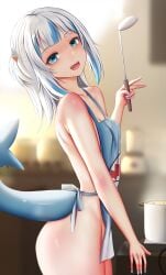 1girls 2022 apron apron_only ass blue_eyes cute female female_only flat_chest gawr_gura ginhaha holding_object hololive hololive_english hololive_myth indoors ladle looking_at_viewer medium_hair naked_apron petite pointy_teeth shark_girl shark_tail slim_body slim_waist small_breasts smile soup tail virtual_youtuber white_hair