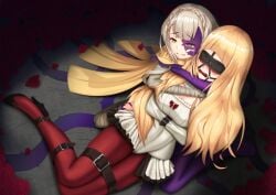 2girls bandages belt belt_buckle bit_gag blindfold blonde_hair bondage bound bound_arms bound_legs briar_rose_(sinoalice) buckle colored_skin crying damao_yu dark_persona eyebrows_visible_through_hair female female_only femsub flower gag gagged green_eyes half-nightmare high_heels highres hug long_hair multicolored_skin multiple_girls pantyhose platinum_blonde_hair purple_skin red_riding_hood_(sinoalice) restrained rose sad short_hair sinoalice straitjacket tied_up yuri