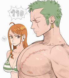 1boy 1girls 2022 absurd_res ahoge bikini breast_envy breasts brown_eyes cleavage earrings female girl_staring_at_guy's_chest green_bikini green_hair highres humor iago_fn jewelry large_breasts large_pectorals long_hair looking_at_another looking_at_muscles male male_focus measurements meme muscle_envy muscles muscular muscular_male nami nipples nude one_piece orange_hair pecs post-timeskip roronoa_zoro scar scar_across_eye scar_on_chest short_hair simple_background swimsuit white_background