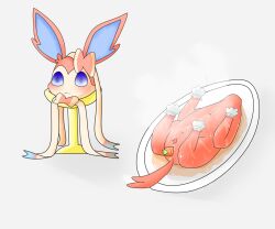 6:5 blue_eyes cooking cooking_with_furs decapitation eeveelution female feral food gore meat nintendo pizzle plate pokémon_(species) pokemon pokemon_(species) ribbons solo sylveon video_games