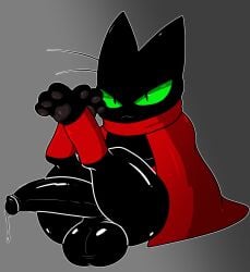 1boy anthro azureinthedark balls black_body black_cat black_fur bodily_fluids cape cartoon_network clothing domestic_cat felid feline felis fur genital_fluids genitals green_eyes half-erect hi_res humanoid_genitalia humanoid_penis legs_up male male_only mammal mao_mao:_heroes_of_pure_heart pawpads penis precum sheriff_mao_mao_mao solo