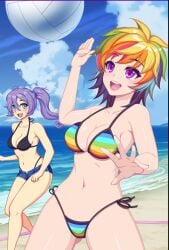 2girls beach bikini blue_sky cleavage conversation crush_crush female female_focus female_only game_cg hourglass_figure iro_(crush_crush) long_hair multiple_girls open_mouth purple_hair rainbow_bikini rainbow_hair sad_panda_studios sand sawyer_(crush_crush) sea sfw smile smiling violet_eyes volleyball water