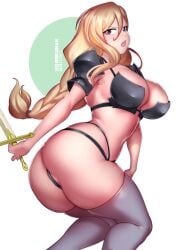 1girls big_ass big_breasts blonde_female blonde_hair bokuman breasts busty female female_knight female_knight_(goblin_slayer) female_only goblin_slayer holding_weapon large_breasts mature_female sofa solo sword thighhighs uncensored