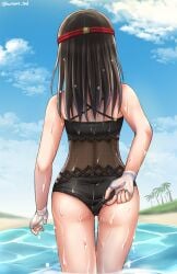 1girls ass brown_hair kurume morag_ladair_(xenoblade) nintendo one-piece_swimsuit solo swimsuit thick_thighs wet xenoblade_(series) xenoblade_chronicles_2