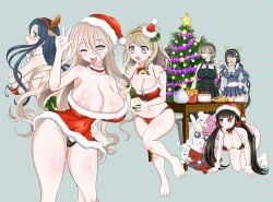 6girls akamatsu_kaede alternate_version_available chabashira_tenko christmas danganronpa danganronpa_v3 exposed_nipples harukawa_maki iruma_miu monophanie monotaro multiple_girls santa_costume santa_hat shirogane_tsumugi skimpy skimpy_bikini skimpy_clothes straight_hair tai_miso toujou_kirumi