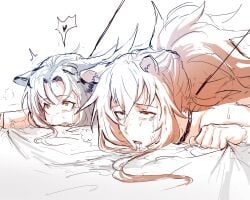 2girls after_rape after_sex animal_ear arknights collar crying defeated dodok eyes_rolling_back fucked_senseless fucked_silly heart indra_(arknights) leash leash_and_collar multiple_girls on_bed siege_(arknights) tagme tears