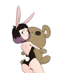 ass black_eyes black_hair blush breasts bunny_girl bunnysuit clothing fake_bunny_ears female female_only female_solo gradient_hair high_resolution hilda_(series) holding holding_object holding_stuffed_animal holding_stuffed_toy kaisa_(hilda) looking_at_viewer looking_back mature multicolored_hair pale-skinned_female pale_skin purple_hair short_hair sideboob solo stuffed_animal stuffed_toy teddy_bear two-tone_hair yellow_elephant