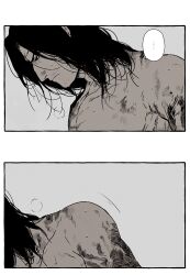 ... breath burn_scar comic fromsoftware gay genichiro_ashina looking_at_another male male_only messy_hair monochrome qi_qi scars sekiro:_shadows_die_twice sweat upper_body yaoi