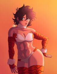 bikini blue_eyes brown_hair brown_skin chinese_new_year chromexorannex coco_joestar hand_on_hip jjba_oc jojo_oc mole_under_mouth muscular_female original_character ourobouro tan_body tiger_print year_of_the_tiger