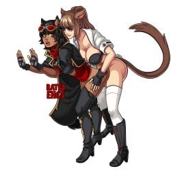 1futa 1girls animal_ears big_breasts black_hair blonde_hair bottomless breasts cat_ears catgirl clothed clothing dark-skinned_female dark_skin duo female final_fantasy final_fantasy_xiv futa_on_female futanari humanoid implied_futanari kemonomimi light-skinned_futanari light_skin long_hair miqo'te mostly_nude partially_clothed ratedehcs standing