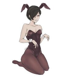 1boy 6tyninevehicles bare_shoulders blush brown_eyes bulge bulge_through_clothing bunny_ear bunny_ears bunny_outfit bunny_pose bunny_tail bunnyboy bunnysuit cuffs_(clothing) femboy front_view hair_covering_eye kurosu_jun legwear light_skin male_focus male_only medium_hair megami_tensei persona persona_2 persona_2_eternal_punishment persona_2_innocent_sin raised_eyebrow shin_megami_tensei smile solo_male thick_thighs thighs white_background