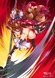 angry_face ass blue_eyes breasts brown_hair caleen_keemosn f.s. female fox_ear fox_girl fox_tail huge_breasts japanese_clothes long_hair looking_at_viewer miko multiple_tails nipples open_mouth scythe signature star_ocean star_ocean_anamnesis tail thighhighs torn_clothes twintails very_long_hair weapon