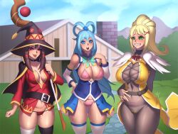 3girls aqua_(konosuba) big_breasts darkness_(konosuba) erect_nipples huge_breasts kono_subarashii_sekai_ni_shukufuku_wo! lycra_(artist) megumin multiple_girls skimpy skimpy_clothes small_breasts