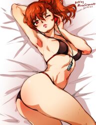 1girls bikini earphones eye_closed female_protagonist female_protagonist_(persona_3) headphones kotone_shiomi medium_breasts minacream on_bed one_eye_closed persona persona_3 persona_3_portable red_eyes solo