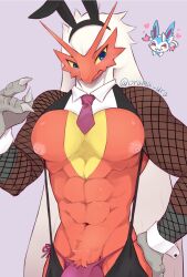 anthro avian bara blaziken blue_eyes clothed clothing eeveelution fur genitals hair heart hi_res male_only mammal nintendo nipples orama_ura penis pokemon pokemon_(species) smile sylveon video_games