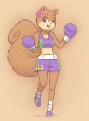 1girl 1girls 2010s 2017 anthro boxing_gloves boxing_shorts brown_fur cleavage clothing crop_top exposed_belly female female_focus female_only footwear front_view furry gloves handwear happy kempferzero logo_on_bottomwear moderate_tomboy multicolored_bottomwear multicolored_handwear navel nickelodeon sandy_cheeks sapient_animal shorts simple_background smile socks solo solo_female spongebob_squarepants sportswear squirrel standing straight_hair tomboy two_tone_bra two_tone_bra_(greenandpurple) two_tone_footwear two_tone_footwear_(purpleandwhite) western_art western_cartoon white_socks wink winking winking_at_viewer