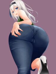 1girls alternate_ass_size ass ass_focus ass_grab big_ass blue_eyes cameltoe clothed clothed_female dat_ass embarrassed female female_only from_behind from_below high_heels huge_ass jeans kaguya-sama_wa_kokurasetai_~tensai-tachi_no_renai_zunousen~ looking_at_viewer looking_back pants pantylines shirogane_kei silver_hair solo solo_female thick_thighs third-party_edit tight_jeans tight_pants void3223 white_hair wide_hips