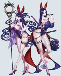 2girls alternate_costume breasts extremely_large_filesize fate/grand_order fate_(series) female fishnet_legwear fishnet_pantyhose fishnets high_heels high_resolution honjou_raita huge_breasts large_breasts large_filesize long_hair long_legs looking_at_viewer minamoto_no_raikou_(fate/grand_order) multiple_girls murasaki_shikibu_(fate) non-web_source pantyhose playboy_bunny purple_eyes purple_hair thighs very_high_resolution wide_hips