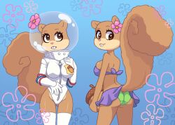 2017 anthro ass bedroom_eyes big_breasts bikini breast_bulge breasts brown_fur buckteeth clothed female flower flower_on_head fur half-closed_eyes holding_object kempferzero leotard looking_back mammal nickelodeon plant raised_tail rodent sandy_cheeks seductive skirt smile smirk spongebob_squarepants squirrel teeth thick_thighs tight_clothing