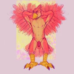 2022 anthro avian balls beak bedroom_eyes bird bulge claws clothing digital_media_(artwork) feathered_wings feathers flaccid foreskin genitals green_eyes humanoid_genitalia koorivlf male muscular muscular_male narrowed_eyes navel nipples nude penis pink_body pink_feathers purple_penis raised_arm seductive signature simple_background solo talons underwear wings