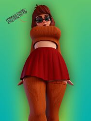 3d 3d_(artwork) big_breasts blender_(software) breasts clothed_breasts freckles glasses large_breasts low-angle_view midriff nerd nerdy_female orange_sweater pale-skinned_female scooby-doo short_hair skirt smitty34 solo_female sweater sweater_puppies tagme text thighhighs velma_dinkley