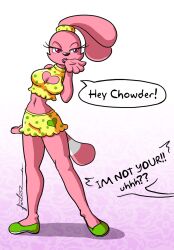 aged_up anthro breasts bunny_ears cartoon_network chowder_(series) cleavage cleavage_cutout crop_top english_text furboz navel panini panini_(chowder) pink_body short_shorts speech_bubble