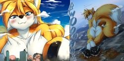 2022 absurd_res anthro atmospheric_perspective bedroom_eyes blue_eyes blush canid canine cloud fox fur genderswap giantess hi_res macro mammal narrowed_eyes notbad621 seductive sega sky solo sonic_(series) tails tailsko