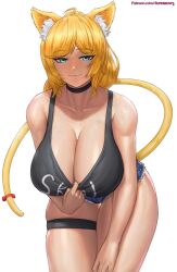 animal_ears bedroom_eyes blonde_hair blue_eyes booty_shorts breasts cat_ears cat_tail catgirl choker cleavage cleavage_pull felid felid_humanoid feline feline_humanoid freckles freckles_on_arms freckles_on_ass freckles_on_breasts freckles_on_chest freckles_on_face freckles_on_legs freckles_on_thighs huge_breasts large_breasts leaning_forward light-skinned_female light_skin nekomimi shiny_skin shirt_pull skindentation smug smug_face superbusty tank_top tank_top_lift tease teasing teasing_viewer thick_thighs thighs thighs_together thor_chan vrchat