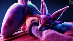 2022 3d 3d_(artwork) anthro blue_body blue_fur canid canine digital_media_(artwork) erection fur genitals hi_res looking_at_viewer lucario male male_only mammal nintendo penis picti pokemon pokemon_(species) solo video_games yellow_body yellow_fur