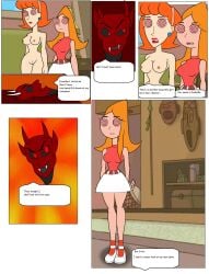 2girls breasts candace_flynn carlosfco clothing comic demon devil english_text hypnosis hypnotic_eyes linda_flynn-fletcher mind_control multiple_girls nipples nude orange_hair phineas_and_ferb red_eyes red_hair speech_bubble