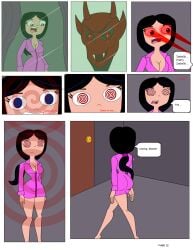 1girls black_hair blue_eyes breasts carlosfco cleavage comic demon devil english_text female female_only glowing_eyes hypnosis hypnotic_eyes isabella_garcia-shapiro mind_control pajamas phineas_and_ferb ponytail red_eyes shocked_expression solo speech_bubble text