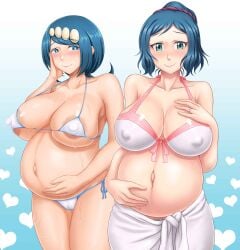 2girls gigantic_breasts gundam gundam_build_fighters iori_rinko lana's_mother_(pokemon) milf multiple_pregnancies pokemon pokemon_sm pregnant zhang_shaojun