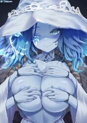 1girls 2022 4_arms absurd_res areola_slip areolae artist_signature blue_eyes blue_hair blue_skin breasts cleavage covering_breasts dress elden_ring female female_only fromsoftware hat huge_breasts jtveemo large_areolae large_hat long_hair multi_arm multi_face multi_limb naughty_face nipples ranni_the_witch smile solo witch_hat