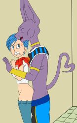 beerus blue_eyes blue_hair bulma_briefs cat cheating cheating_mother cheating_wife dragon_ball dragon_ball_super dragon_ball_z earrings female god highres light-skinned_female male married_woman mature_female milf mother setthh98 standing standing_sex wife