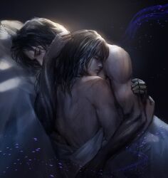 2boys back_muscles black_hair cdash817 closed_eyes detailed embrace fromsoftware gay genichiro_ashina hair_down hand_on_another's_head hug male male_only muscular muscular_male on_bed painting_(artwork) prosthetic prosthetic_arm realistic scars sekiro sekiro:_shadows_die_twice sleeping wholesome yaoi