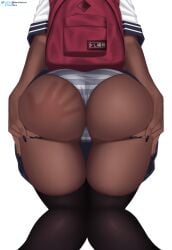 1girls ass bag big_ass big_butt black_legwear butt dark-skinned_female dark_skin female fiera_(artist) grabbing_own_ass legwear original panties school_uniform schoolgirl shimapan skirt skirt_lift solo spank_marks spanking standing striped_panties thick_thighs thighhighs thighs uncensored underwear white_background