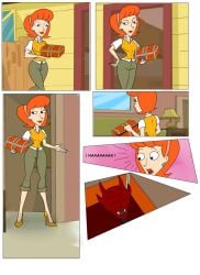 1girls blue_eyes carlosfco clothed comic demon devil disney disney_channel linda_flynn-fletcher phineas_and_ferb red_hair surprised_expression