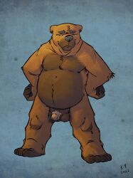 2022 anthro balls barry_the_pizza_bear belly big_belly black_nose brown_body brown_fur flaccid fur genitals hi_res humanoid_genitalia humanoid_hands humanoid_penis k-9 male male_only mammal moobs overweight overweight_male penis small_penis solo ursid