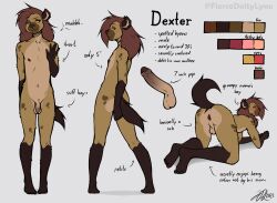 2022 all_fours anthro anus ass balls dexter_(fiercedeitylynx) english_text erection fiercedeitylynx flaccid foreskin gloves_(marking) hair hi_res humanoid_genitalia humanoid_penis hyaenid leg_markings male male_only mammal markings model_sheet nipples nude partially_retracted_foreskin penis perineum raised_tail socks_(marking) solo spotted_hyena standing text