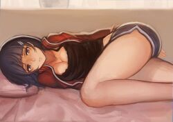 ass bed bedroom black_hair blue_eyes breasts evan kirigaya_suguha laying laying_on_bed laying_on_side looking_at_viewer pillow shirt short_hair short_pants shorts sword_art_online thighs