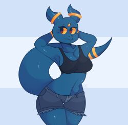 anthro anthro_only big_hips blue_skin clevage creature curvy curvy_body curvy_female curvy_figure curvy_hips drippy furry hourglass_figure huge_hips image jean_shorts kobold pantyhose round_ass round_breasts ruby_(cantpressf) soaked spaceysoda tail thick thick_thighs trash wet_skin wide_thighs yellow_eyes