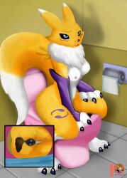 absurd_res animal_genitalia animal_humanoid animal_pussy anthro bandai_namco blue_eyes canid canid_humanoid canine canine_humanoid canine_pussy digimon digimon_(species) feces female fluffy fluffy_tail fox_humanoid genitals hi_res humanoid looking_at_viewer mammal mammal_humanoid moon_pearl neck_tuft nipples pussy renamon scat scat sitting solo succubi_samus toilet tuft