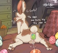 1boy 2022 3_toes anthro balls basket blush carrot conditional_dnp container digital_media_(artwork) easter easter_bunny easter_egg egg egg_from_ass egg_laying english_text feet food genitals heart hi_res holidays lagomorph leporid long_ears male male_only mammal naked nude plant rabbit solo solo_male text toes vegetable zackary911