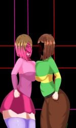 2022 2girls 5_fingers adshtorm alternate_version_available ass bete_noire big_ass big_breasts big_butt black_background breasts brown_pants chara clothed_female female female_only glitchtale multiple_girls pink_eyes pink_hair pink_highlights pressing_breasts_together purple_thighhighs red_eyes simple_background twitter undertale undertale_au undertale_fanfiction