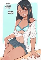 1girls 5_fingers black_hair blue_bra blue_panties blue_underwear bra breasts english_text eye_contact female female_focus female_only hayase_nagatoro litsilium long_hair looking_at_viewer matching_underwear orange_eyes panties panty_trim picot_trim picot_trim_bra please_don't_bully_me,_nagatoro skirt solo tan tan_skin text thick_thighs thighs trim underwear