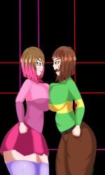 2022 2girls 5_fingers adshtorm alternate_version_available angry_face ass bete_noire big_ass big_breasts big_butt black_background black_belt breasts brown_pants chara female female_only glitchtale multiple_girls pink_eyes pink_hair pink_highlights pink_skirt purple_thighhighs red_eyes rosy_cheeks simple_background twitter undertale undertale_au undertale_fanfiction